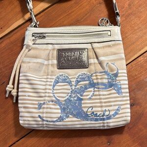 Coach Poppy Rocker Tan and Blue Crossbody Bag Nautical